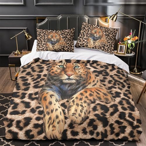 VOXYTMLWG Leopard Weich 3D Gedruckt Wild Animal Bettbezug Bettwäsche 3 Teilig mit Reißverschluss Hautfreundlich for Erwachsene,Frauen,Mädche n,Kinder Single?140x200cm?