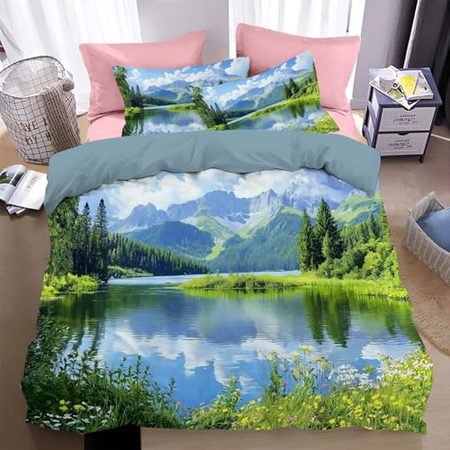 WunM Studio Bettwäsche 135 * 200cm Himmelblau Wildblumenberge Bettbezug Set 3 Teilig Seereflexion Blümchen Blumenmuster Weich Bettwäsche-Sets mit 2 Kissenbezüge 80x80 cm und Reißverschluss