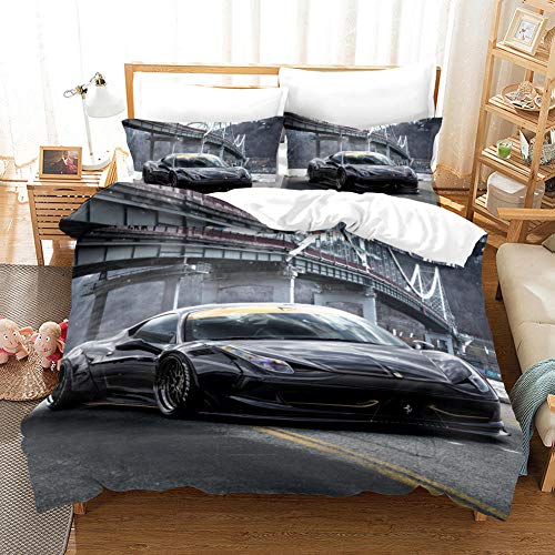 BEDSERG 3D Bettwäsche Bettbezug Schwarzer Sportwagen 135x200 cm Bettwäsche Set 3 Teilig Bettbezüge Mikrofaser Bettbezug mit Reißverschluss und 2 Kissenbezug 80x80cm