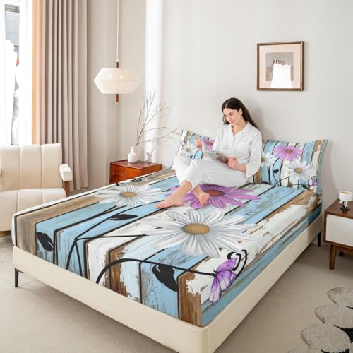 Daisy Floral Fitted Sheet S,Aquarell Holzstreifen 2 Stück (kein Flachblatt),Wildblumenpfl anze Bauernhaus Bettwäsche Set für Kinder,Türkis Braun Tiefe Taschenblatt