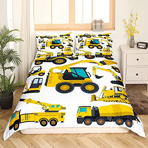 Homewish Cartoon Bagger Bettbezug-Set 135x200, Traktor Machinery LKW Bettwäsche-Sets, Baufahrzeug-Bettbezug für Kinder Boyd Mädchen Kinder, Bulldozer Crane Cartoon-Tagesdeckenbezug Leichte Bettwäsche