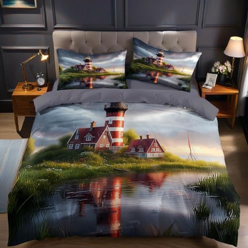 Rot Bettwäsche Set 200x220 cm Meer und Leuchtturm 3 teilig Mikrofaser weiche Allergiker Bettbezug mit Reißverschluss für Teenager Erwachsene Doppelbett