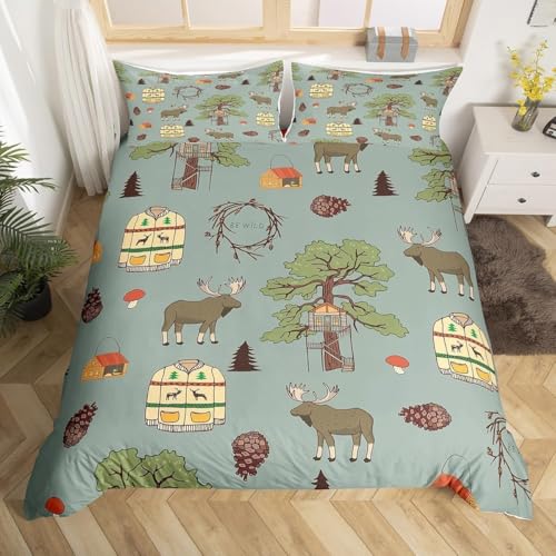 Landhaus Bettwäsche 200x200 3D Bettwäsche-Sets Jagd Bettbezüge Weiche Kuschelig Mikrofaser 3 Teilig Bettbezug mit Reißverschluss und 2 Kissenbezüge 80x80 cm A-3587