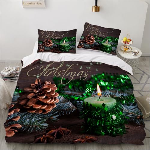 YASMENG Bettwäsche Weihnachten 155x220 Wintermotiv Grün Braun 3D Bettwäsche Weich Mikrofaser 3-teilig für Jugendliche Kinder Zimmer Deko mit Reißverschluss und 2 Kissenbezügen 80x80 cm