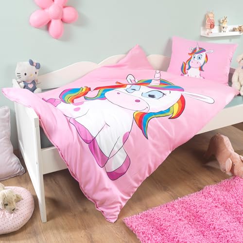 Kuschelige Einhorn Baby Kinder Bettwäsche 100x135 Set Mädchen Kinderbettwäsche Unicorn Pferde Pony Kissenbezug 40x60 rosa pink, Modell:Design 1