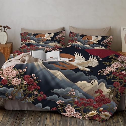 CEDNXOER Bettwäsche Set 155x220CM mit 2 Kissenbezügen 80x80 cm – Abstrakt Berg Orientalische Kranichblumen Muster Erwachsene Bettbezug Set, Grau Mikrofaser Wende Deckenbezug mit Reißverschluss