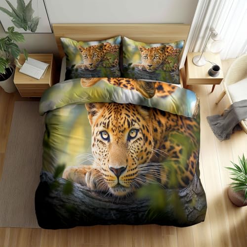 Bettwäsche 240 x 220 cm Greige 3D Effekt Bettdeckenbezug mit Waldtiere Drucke Leoparden Bettwäsche-Sets, Weiche Atmungsaktiv Wende Bettwäsche Bettbezug für Kinder Jugendliche Erwachsene