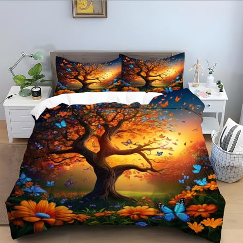 Bettwäsche 200x220 für Baum,Gold Bettwäsche Set 3 Teilig, Mikrofaser Bettbezug 200x220, Bettbezüge mit Reißverschluss Schließung und 2 Kissenbezug 80x80 cm-Anlage A291