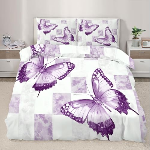 Bettwäsche-Set mit Schmetterlingen, für Doppelbett, violett, Schmetterlingen, Bettdecken-Set, für Kinderzimmer, Mädchen, weiche Mikrofaser, mit Kissenbezügen mit Reißverschlüssen