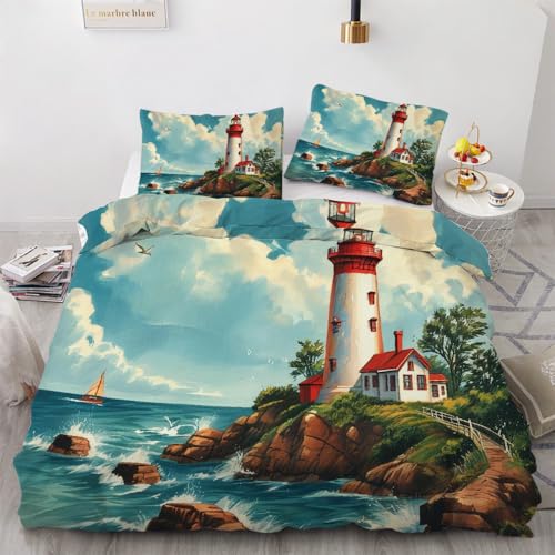 VULORA Leuchtturm Bettwäsche Set 155x220 3Teilig Navigation Bettbezug Wendebettwäsche Weich Mikrofaser Bettwäsche 3D Druck Winter Bettwaren Bettbezüge mit 2 Kissenbezüge 80x80 R618