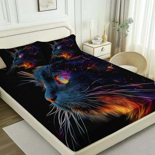 Mikrofaser Schwarz Spannbetttuch Weiche Atmungsaktiv, Fantasy Surreal Katze Print Spannbettlaken Tiefe Tasche 30 cm Pflegeleicht, 90 x 200 cm Print Dekorative Bettwäsche