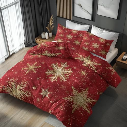 Generisch Weihnachtsmann Schneeflocken Bettwäsche 135x200 Bügelfreie - Rot Gold Muster, Renforce Wendebettwäsche Bettbezug 2er Set Cozy Mikrofaser Mit Reißverschluss, 1 Kissenbezug, Geschenk, LS5185