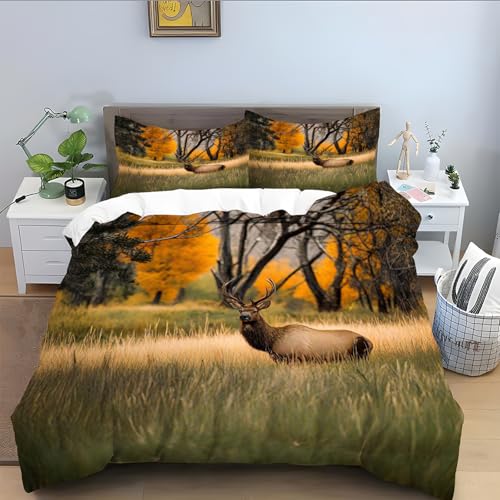 Bettwäsche 220x240 für REH,braun Bettwäsche Set 3 Teilig, Mikrofaser Bettbezug 220x240, Bettbezüge mit Reißverschluss Schließung und 2 Kissenbezug 80x80 cm-Herbst A471