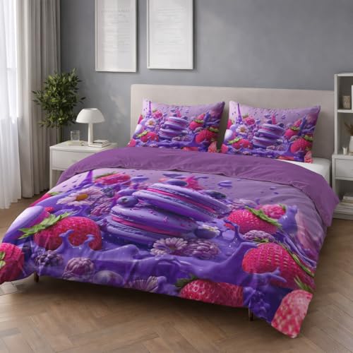 Atmungsaktiv Bettwäsche 200 x 220 - Violett Bügelfrei Farbbeständig Bettwäsche Sets - Bettbezug(200 x 220)+ Kissenbezüge - Für Allergiker Geeignet Modern Erdbeere Keks Frisch