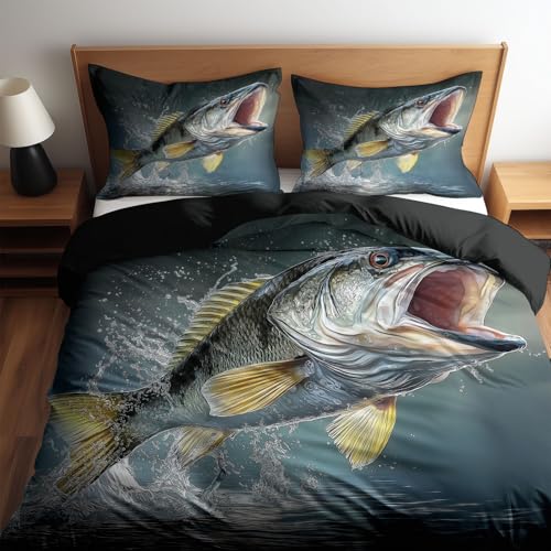 Generisch Bettwäsche Tiere Fisch Mit Offenem Maul Wende Bettwäsche Schieferschwarz hochwertig Bettwaesche für Allergiker geeignet Bettbezug mit Reißverschluss und 1 Kissenbezug 135 x 200 cm