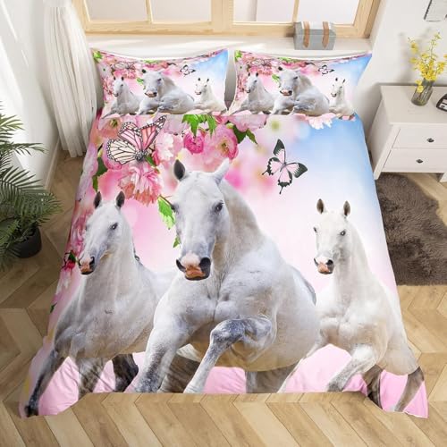 Loussiesd Bettwäsche-Set für Einzelbett, Pferd, Rosa, Blumen, weißer Pegasus, Bettbezug, Kirschblüte, Schmetterling, Bettdeckenbezug-Set, 3D-Wildtiere, Schlafzimmer-Dekoration