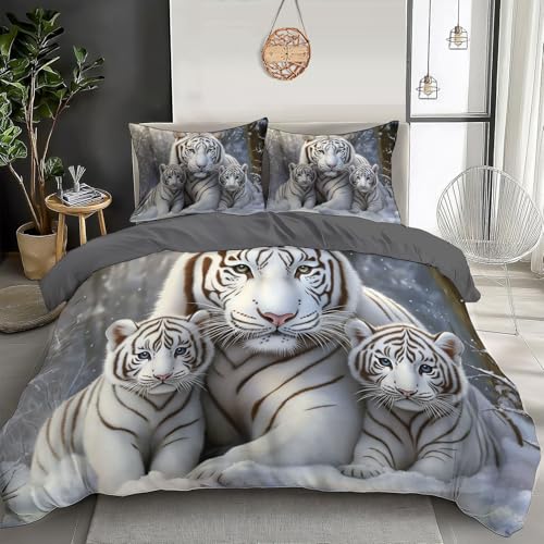 Bettwäsche Sets 135x200cm 3teilig Bettbezug Schneewittchen Tiger Wendebettwäsche Realistischer Stil Bettbezüge Weich und Bügelfrei - 60 °C Waschbare mit Kissenbezüge und Reißverschluss, Hellgrau