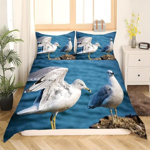Maritimes Möwen-Motiv Bettwäsche 155x220 Meer Bettwäsche Set, 3D Bettbezug Set Weich Microfaser Bettbezüge 3 Teilig Blauer Meer Wendebettwäsche für Doppelbett, mit 2 Kissenbezüge 2445e