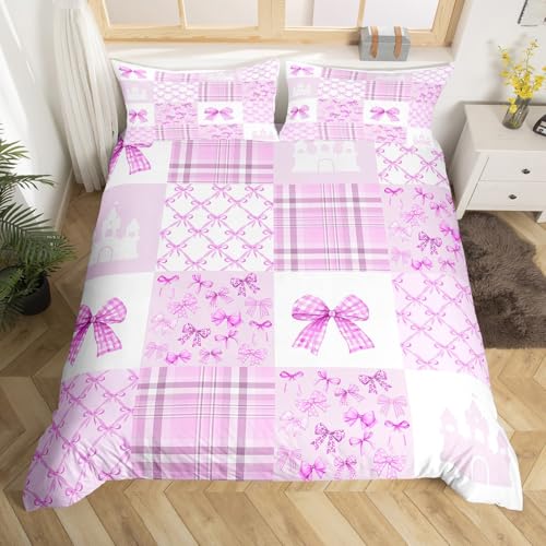 feelingyou Lila Bowknot Kinder Bettdecke S Größe Lila niedliche Krawatte Schecked Decken Abdeckung für Schlafzimmer Mädchen Prinzessin Schloss Bettwäsche Set(1 Kissenbehälter)
