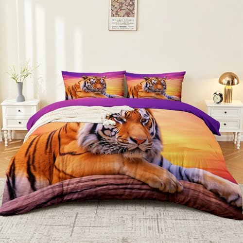 Bettwäsche 135 x 200 cm Weich Mikrofaser Tierwelt Tiger Sonnenuntergang Weich Mikrofaser Bettwäsche-Sets Wendbarer Herbst Bettbezug mit Lila