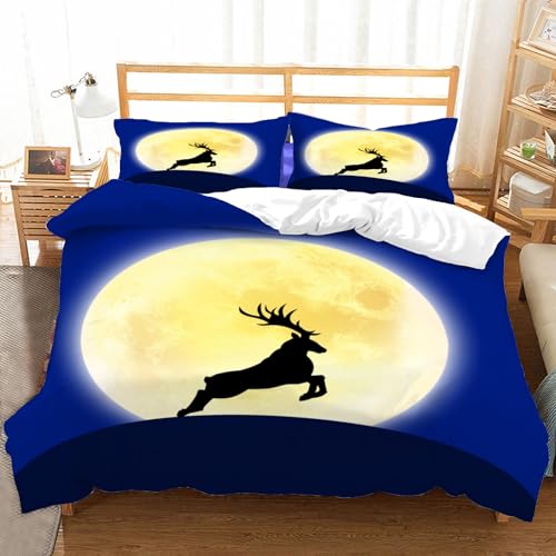Hongduo 3D Hirsch Elch Bettwäsche Set 155x220 cm Weich Mikrofaser Cartoon Tiere Thema Bettwäsche-Sets mit Reißverschluss 3 Teilig Bettbezug mit 2 Kissenbezug 80x80 cm