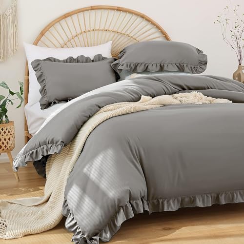 Covebett Rüschen Bettwäsche 135x200 4teilig Grau Hellgrau Uni Romantische Rüschenbettwäsche Set Einzelbett Einfarbig Bettbezug Weich Mikrofaser 2 Deckenbezug und 2 Kissenbezug 80x80 Reißverschluss