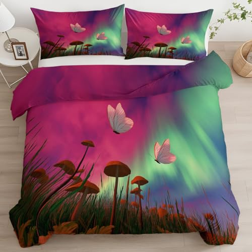 Quixora Bettbezug Doppelbett 200 x 220 cm Fantasy Art Pilze Schmetterlinge Nordlichter Wendebettwäsche Bettwäsche Set mit Reißverschluss 3 Teilig Weiche Steppdeckenbezug+ Kissenbezüge 80x80 cm