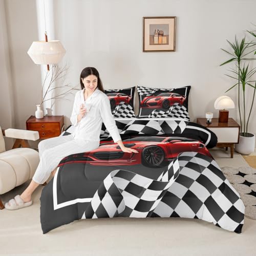 Bettwäsche-Set mit rotem Rennwagenmotiv, Queen-Size-Größe, schwarz-weiß, kariert, geometrisches Bettwäsche-Set, 3-teilig, für Kinder, Teenager, Jungen, Männer, Raumdekoration, Extremsportspiele,