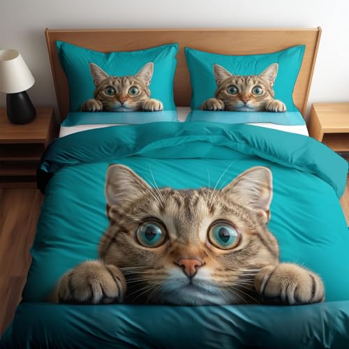 Generisch Bettwäsche 240 x 220 cm mit Tierdruck Katze Braun Getigert Bettbezug, Flauschige Atmungsaktiv Türkis Bettwäsche Set und Kissenbezug mit Reißverschluss für Kinder Jugendliche Erwachsene