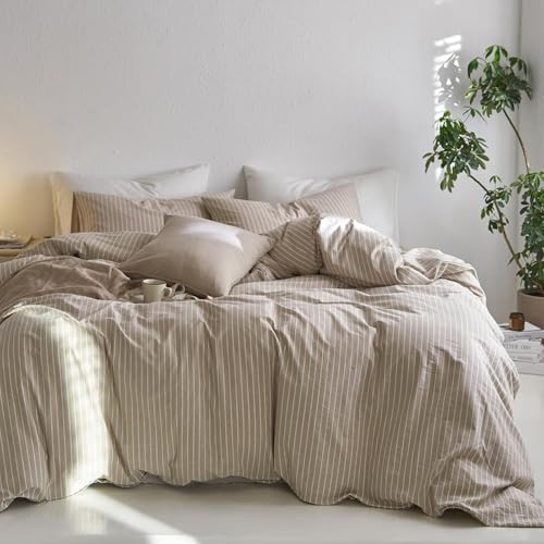 Sedefen Bettwäsche 220x240 cm Baumwolle Khaki Taupe Gestreift Baumwollbettwäsche Set,Renforce Bettbezug und 2 Kissenbezug 80x80cm mit Reißverschluss