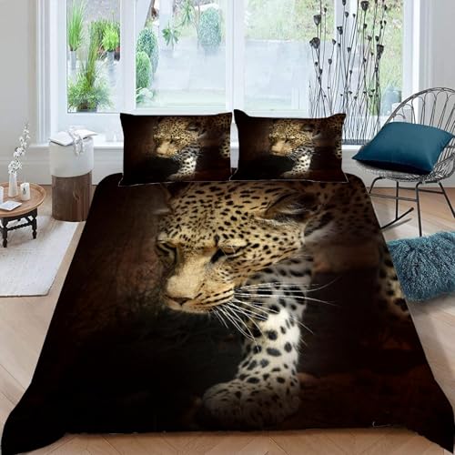 MOXINO 3D Leopard Bettwäsche 155x220 cm 3teilig Leopard Bettwäsche für Teenager Leicht Mikrofaser Bettbezug Sommer Weiche Bettbezüge mit 2 Kissenbezüge 50x75?Muster 6-16?
