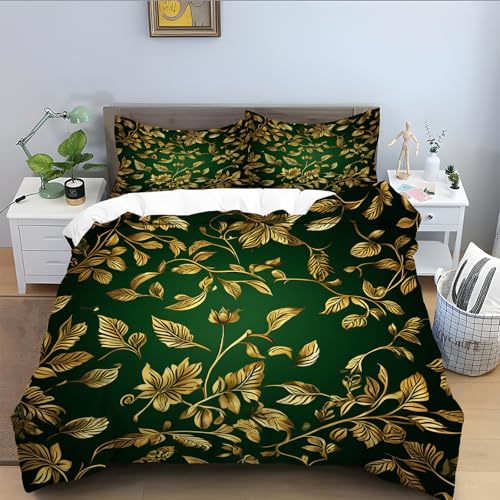 Bettwäsche 155x220 3 Teilig für Goldene Blätter,Grün Bettbezug, Mikrofaser Bettwäsche-Set Flauschig, Bettbezüge mit Reißverschluss Schließung und 2 Kissenbezug 80x80 cm-Grün A364