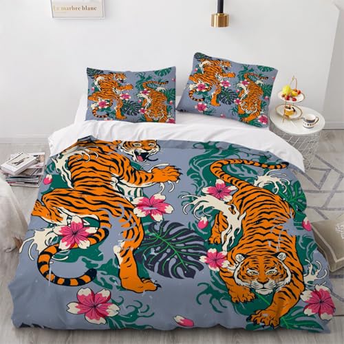 Generisch 3D Tiger Bettwäsche 200x200 cm 3teilig Palmenblätter Bettbezug mit Reißverschluss 100% Mikrofaser Leicht Atmungsaktive Bettwaren Set mit 2 Kissenbezüge 80x80?Muster 56-15?