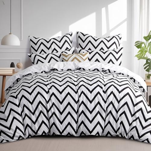 RUIKASI Bettwäsche 200x220 Chevron Schwarz Weiß - 3teilig Bettbezug 220x200, Mikrofaser Bettwäsche-Sets mit 2 Kissenbezügen 80x80cm Reißverschluss, Weich und Bügelfrei