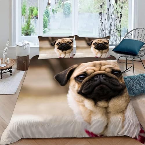 TACOKI Mops Bettwäsche 155x220 Tierhund Bettwäsche Set, 3D Muster Wendebettwäsche Bettbezug 3-teilig Weich Cozy Mikrofaser Bettbezüge + 2 Kissenbezüge 80x80 cm 6561a