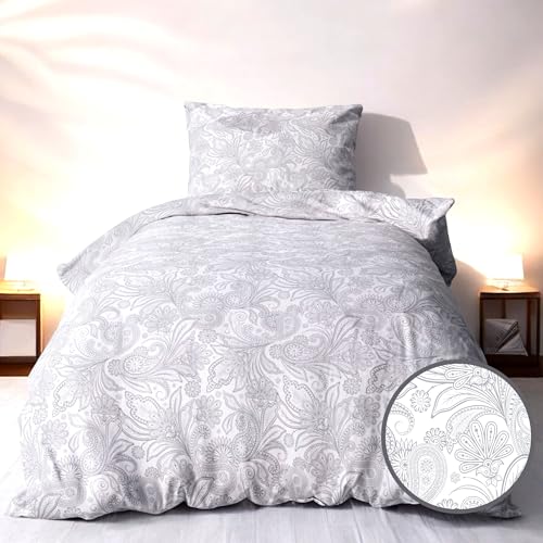 LINKHOFF Biber Bettwäsche 135x200cm - 2tl. Blumenmuster in Grau Weiß - Winterbettwäsche 100% Baumwolle - Bettwäsche-Set Aesthetic Zweige Floral Paisley