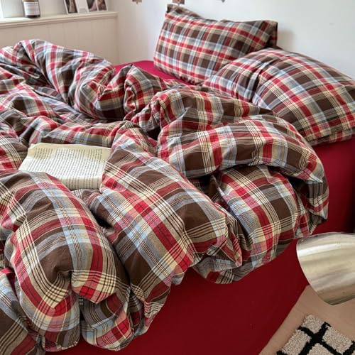 VM VOUGEMARKET Buffalo Gingham-Bettwäsche-Set, Queen-Size-Bett, 3-teilig, gewaschene Baumwolle, atmungsaktiv, luxuriös, kariert, Bettbezug mit Reißverschluss (Rot und Braun)