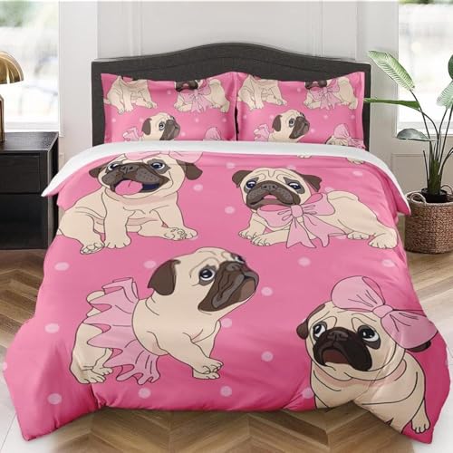 LMMSMGS Bettwäsche 135x200 Mops Bettwäsche-Sets– Weiches Mikrofaser-Set mit Bettbezug 135x200 + 1 Kissenbezüge 80x80 mit Reißverschluss Eckbinder für Mädchen Jungen