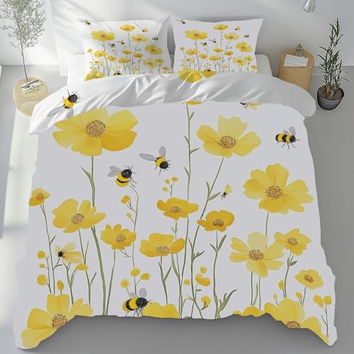 Tyafsgvqo Gelb Blumenmotiv Bügelfrei Bettwäsche 135x200 cm, Pflanzen Biene Blumen Bettbezug 3 Teilig, Frühling Landhausstil Bettwäsche Set Kühlend Atmungsaktiv, Wendebettwäsche mit 2 Kissenbezug 80x80