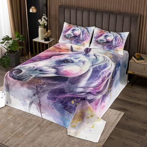 feelingyou Weißes Pferd Bettwäsche für Kinder Jungen, Wildtier Pferd Muster Coverlet Set Weiches Dekor, lila Aquarell Malerei Marmor Quilt Set mit 1 Kissen Sham, S Größe