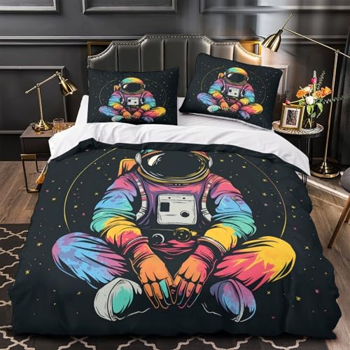 Yilani Astronaut sitzt 3D Bedruckt Deckenbezug 3teilig Mikrofaser leichtgewichtig Farbenfroher Raum Deckenbezug 2 Kissenbezüge fleckenfest Kinder Jugendliche Super King?260x220cm?
