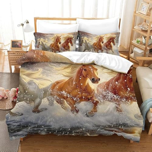 EKZLQJWPN Weißes Pferd Bettbezug Bettwäsche Kinderbettwäsche-Set Reißverschluss Mit Kissenbezügen Betten Set Für Jungen Und Mädchen, Kinder Single?140x200cm?