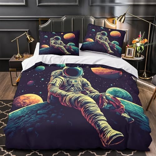 MSVMPGTHB Astronaut sitzt 3D Bedruckt Bettbezug 3teilig Mikrofaser atmungsaktiv Weltraumabenteuer Deckenbezug 2 Kissenbezüge fleckenfest Jugendzimmer Deko Super King?260x220cm?