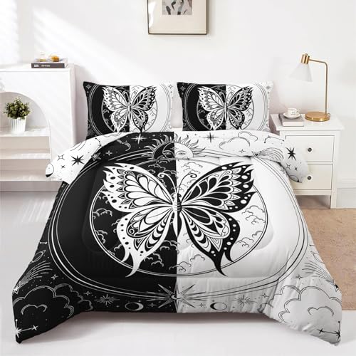 HOTRCR 3-teiliges Schmetterling-Bettwäsche -Set, schwarz-weiß, Bettwäsche-Set für Mädchen und Erwachsene, Schlafzimmer- oder Raumdekoration, Ganzjahresdecke, Mikrofaser-Steppdecke mit 2 Kissenbezügen