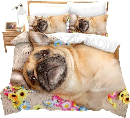 NUEYSP Bettwäsche 135x200 Mops Bettwäsche-Sets 3D-Motiv, Mikrofaser, 1 Bettbezug 135x200 + 1 Kissen 80x80 mit Verdecktem ReißVerschluss für Mädchen Jungen.