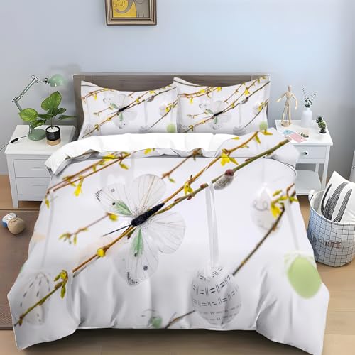 LLSZAHD Weiße Schmetterlinge Bettwäsche 200×200cm, Weißes Ei Muster bettwäsche-Sets, Mikrofaser Bettbezug mit Reißverschluss und Kissenbezug 80×80cm