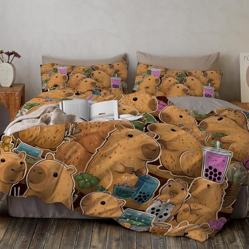 Bettwäsche 200*200cm Hellbraun Cartoon-Tier Wasserschwein Bettbezug Set 3 Teilig Zeichentricktiere Blümchen Blumenmuster Weich Bettwäsche-Sets mit 2 Kissenbezüge 80x80 cm und Reißverschluss