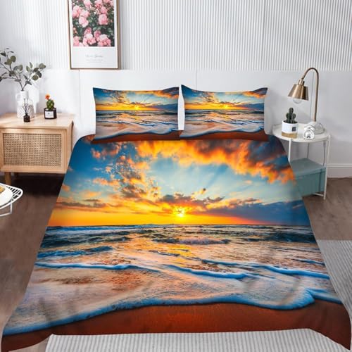 Bettwäsche 135x200 cm Meer und Strand 3 Teilig Bettbezug 135 x 200 SonnenuntergangsglüHen Bettwäsche-Sets 3D Weiche Mikrofaser Bettbezug Set mit Reißverschluss + 2 Kissenbezüge h-4028