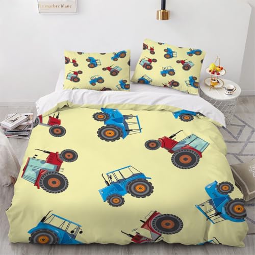 Generisch 3D Cartoon Traktor Bettwäsche 220x240 cm 3teilig Cartoon LKW Bettbezug mit Reißverschluss 100% Mikrofaser Leicht Atmungsaktive Bettwaren Set mit 2 Kissenbezüge 50x75?Muster 51-15?