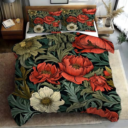 Generisch BettwäSche 135x200 Florale Blätter Bettbezug Set 3 Teilig Vintage-Illustration BettbezüGe und 2 Kissenbezug 80x80, BettwäSche-Sets Weiche Microfaser mit ReißVerschluss PA176